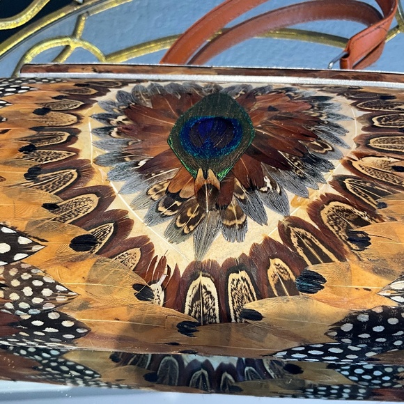 VTG Outdoor Forest Fairytale Wedding Feather Frame Bag Woodsy Bride Brown Blue - Picture 11 of 16